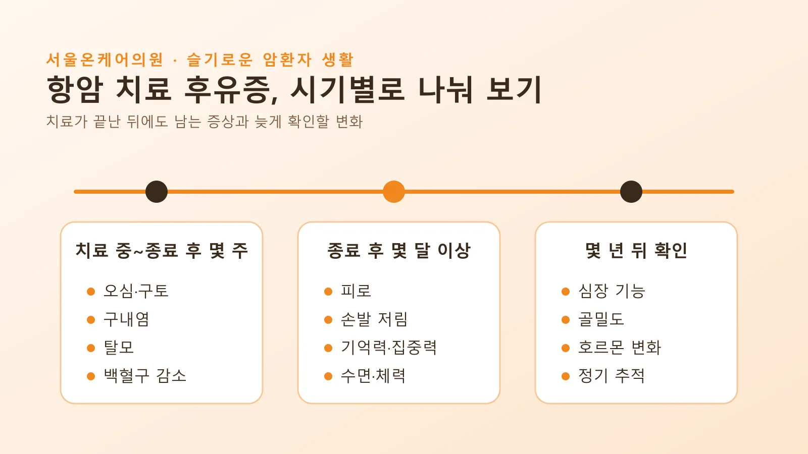 항암 치료 후유증을 치료 중·종료 후 몇 달·몇 년 뒤로 나눈 시기별 도식