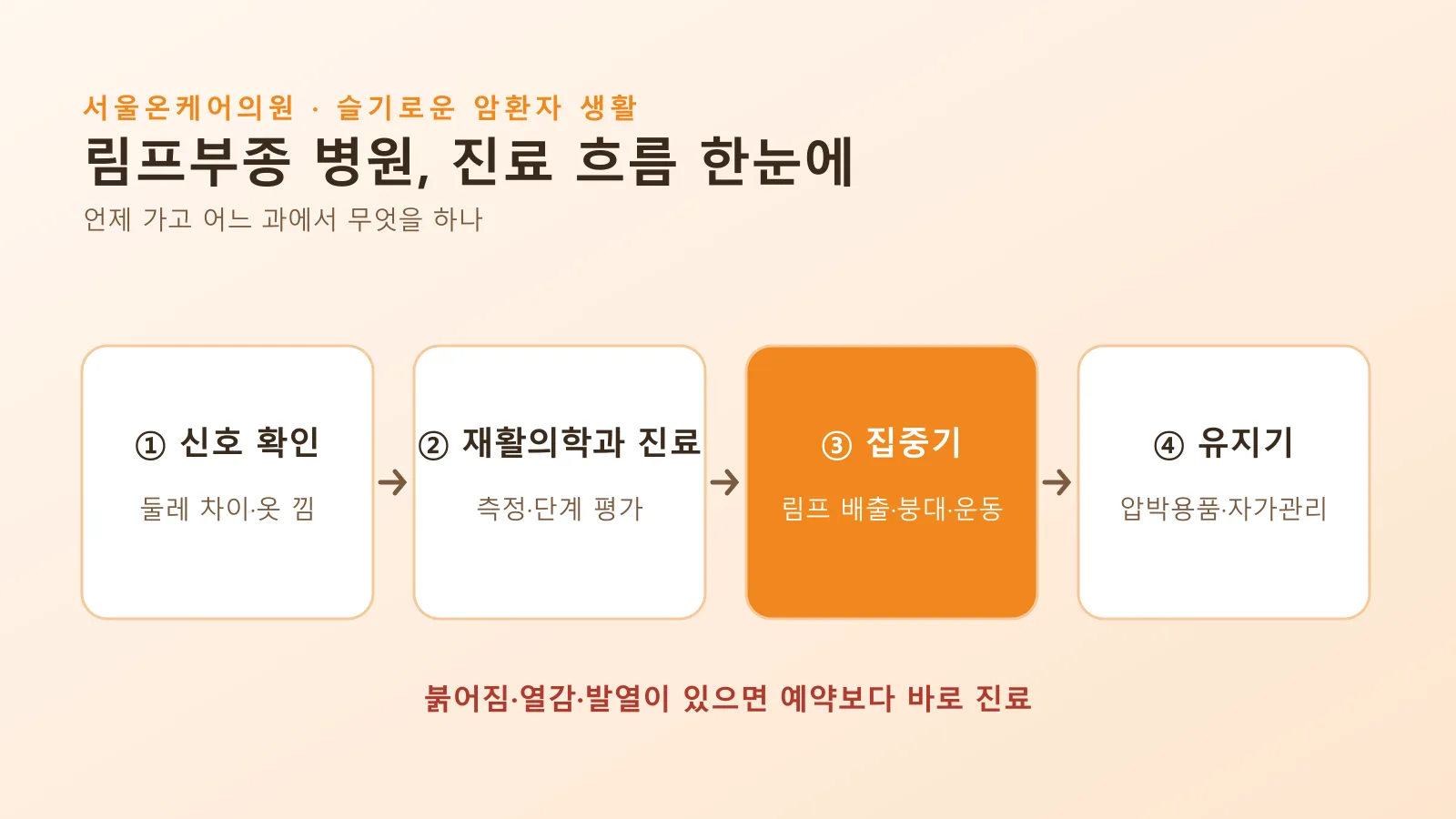 림프부종 진료 흐름 — 신호 확인, 재활의학과 진료, 집중기, 유지기 4단계 도식