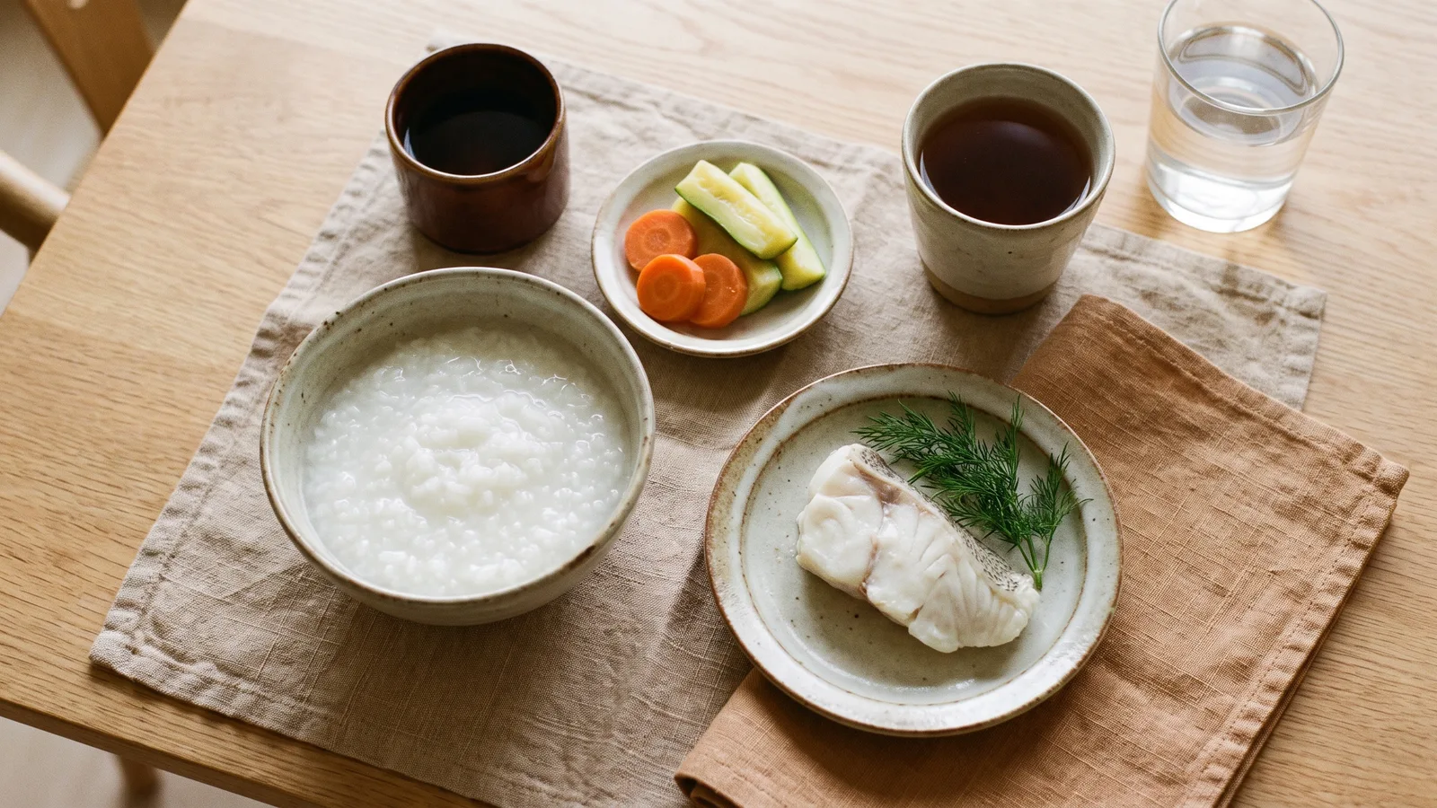 나무 탁자 위 흰죽 한 그릇과 찐 흰살생선, 부드럽게 익힌 당근·애호박, 보리차와 물 — 직장암 수술 후 회복기의 소량 식사